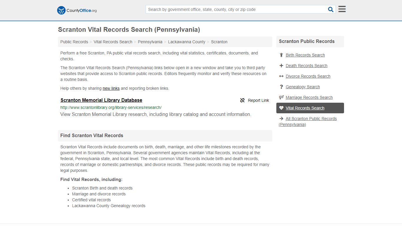 Scranton Vital Records Search (Pennsylvania) - County Office